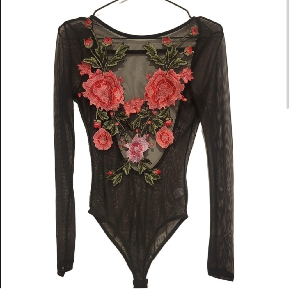 Floral Embroidered Black Bodysuit